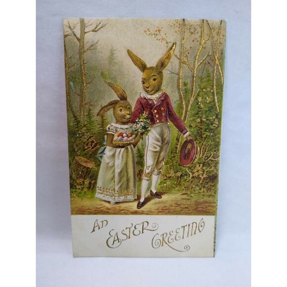 Easter Postcard Humanized Dressed Anthropomorphic Bunnies Rabbits Fantasy Forest - Picture 2 of 4